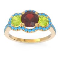 Garnet Ring In 14k Yellow Gold With Peridot And Swiss Blue Topaz Attika Round Three-stone Ring