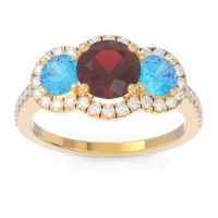 Garnet Ring In 18k Yellow Gold With Swiss Blue Topaz And Lab Diamond Attika Round Three-stone Ring