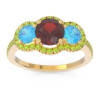 Garnet Ring In 14k Yellow Gold With Swiss Blue Topaz And Peridot Attika Round Three-stone Ring