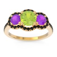 Peridot Ring In 14k Yellow Gold With Amethyst And Black Onyx Attika Round Three-stone Ring