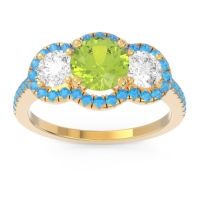 Peridot Ring In 18k Yellow Gold With Diamond And Swiss Blue Topaz Attika Round Three-stone Ring