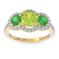 Peridot Ring In 18k Yellow Gold With Emerald And Aquamarine Attika Round Three-stone Ring