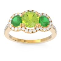 Peridot Ring In 18k Yellow Gold With Emerald And Lab Diamond Attika Round Three-stone Ring