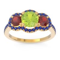 Peridot Ring In 14k Yellow Gold With Garnet And Blue Sapphire Attika Round Three-stone Ring