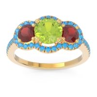 Peridot Ring In 14k Yellow Gold With Garnet And Swiss Blue Topaz Attika Round Three-stone Ring