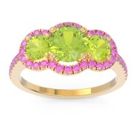 Peridot Ring In 18k Yellow Gold With Pink Tourmaline Attika Round Three-stone Ring