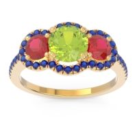 Peridot Ring In 18k Yellow Gold With Ruby And Blue Sapphire Attika Round Three-stone Ring