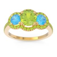 Peridot Ring In 18k Yellow Gold With Swiss Blue Topaz Attika Round Three-stone Ring