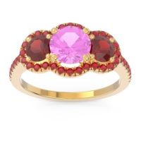 Pink Tourmaline Ring In 18k Yellow Gold With Garnet And Ruby Attika Round Three-stone Ring