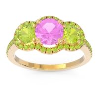 Pink Tourmaline Ring In 18k Yellow Gold With Peridot Attika Round Three-stone Ring