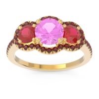 Pink Tourmaline Ring In 18k Yellow Gold With Ruby And Garnet Attika Round Three-stone Ring