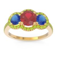 Lab Ruby Ring In 18k Yellow Gold With Blue Sapphire And Peridot Attika Round Three-stone Ring