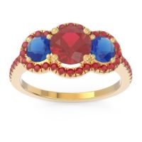 Ruby Ring In 14k Yellow Gold With Blue Sapphire Attika Round Three-stone Ring