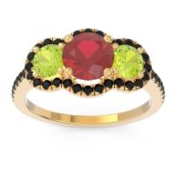 Lab Ruby Ring In 18k Yellow Gold With Peridot And Black Onyx Attika Round Three-stone Ring