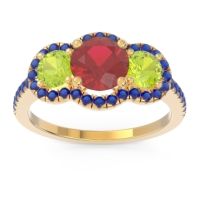 Lab Ruby Ring In 14k Yellow Gold With Peridot And Blue Sapphire Attika Round Three-stone Ring