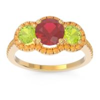 Lab Ruby Ring In 18k Yellow Gold With Peridot And Citrine Attika Round Three-stone Ring