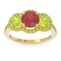 Lab Ruby Ring In 18k Yellow Gold With Peridot Attika Round Three-stone Ring
