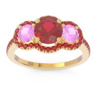 Lab Ruby Ring In 14k Yellow Gold With Pink Tourmaline And Ruby Attika Round Three-stone Ring