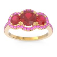 Lab Ruby Ring In 14k Yellow Gold With Ruby And Pink Tourmaline Attika Round Three-stone Ring