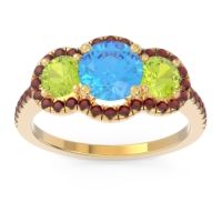 Swiss Blue Topaz Ring In 14k Yellow Gold With Peridot And Garnet Attika Round Three-stone Ring