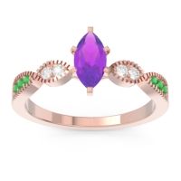 Amethyst Ring In 18K Rose Gold With Lab Diamond And Emerald Relayana Marquise Modern Ring