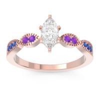 Lab Diamond Ring In 18K Rose Gold With Amethyst And Blue Sapphire Relayana Marquise Modern Ring