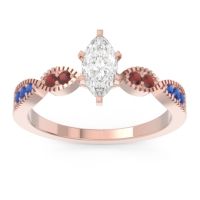 Lab Diamond Ring In 14K Rose Gold With Garnet And Blue Sapphire Relayana Marquise Modern Ring