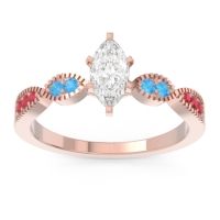 Lab Diamond Ring In 14K Rose Gold With Swiss Blue Topaz And Ruby Relayana Marquise Modern Ring