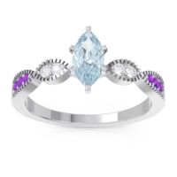 Aquamarine Ring In Palladium With Diamond And Amethyst Relayana Marquise Modern Ring