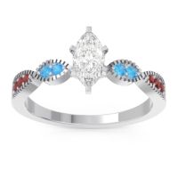 Lab Diamond Ring In 18k White Gold With Swiss Blue Topaz And Garnet Relayana Marquise Modern Ring
