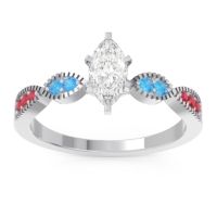 Lab Diamond Ring In Palladium With Swiss Blue Topaz And Ruby Relayana Marquise Modern Ring