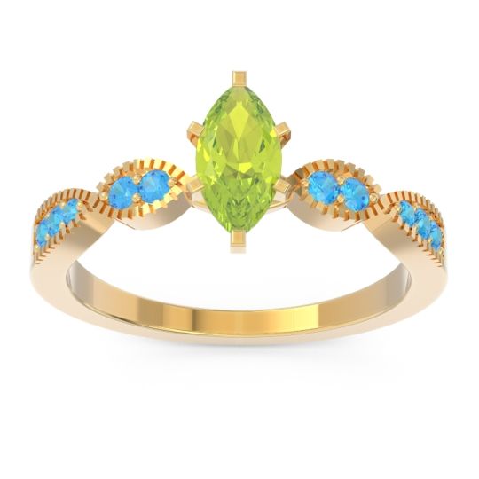 Peridot yellow gold engagement ring in an art deco style with Swiss blue topaz accents