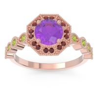 Amethyst Ring In 14K Rose Gold With Garnet And Peridot Devalaya Round Antique Ring