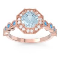 Aquamarine Ring In 14K Rose Gold With Lab Diamond And Swiss Blue Topaz Devalaya Round Antique Ring