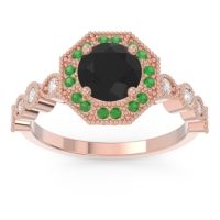 Black Onyx Engagement Ring In 18K Rose Gold With Emerald And Diamond - Devalaya Round Antique Ring