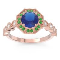 Lab Blue Sapphire Engagement Ring In 18K Rose Gold With Emerald And Diamond - Devalaya Round Antique Ring