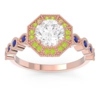 Lab Diamond Ring In 18K Rose Gold With Peridot And Blue Sapphire Devalaya Round Antique Ring
