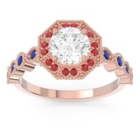 Lab Diamond Ring In 18K Rose Gold With Ruby And Blue Sapphire Devalaya Round Antique Ring