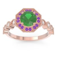 Emerald Engagement Ring In 18K Rose Gold With Amethyst And Diamond - Devalaya Round Antique Ring