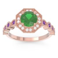 Emerald Ring In 18K Rose Gold With Lab Diamond And Amethyst Devalaya Round Antique Ring