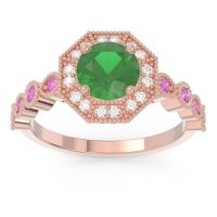 Emerald Ring In 18K Rose Gold With Lab Diamond And Pink Tourmaline Devalaya Round Antique Ring