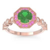 Lab Emerald Engagement Ring In 14K Rose Gold With Pink Tourmaline And Diamond - Devalaya Round Antique Ring