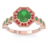 Lab Emerald Ring In 14K Rose Gold With Ruby And Emerald Devalaya Round Antique Ring