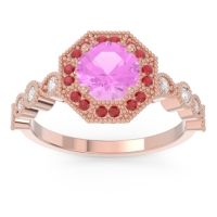 Pink Tourmaline Engagement Ring In 18K Rose Gold With Ruby And Diamond - Devalaya Round Antique Ring