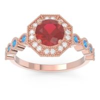 Lab Ruby Ring In 14K Rose Gold With Lab Diamond And Swiss Blue Topaz Devalaya Round Antique Ring