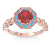 Lab Ruby Engagement Ring In 14K Rose Gold With Swiss Blue Topaz And Diamond - Devalaya Round Antique Ring