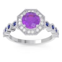 Amethyst Ring In Palladium With Diamond And Blue Sapphire Devalaya Round Antique Ring