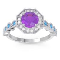 Amethyst Ring In Palladium With Diamond And Swiss Blue Topaz Devalaya Round Antique Ring