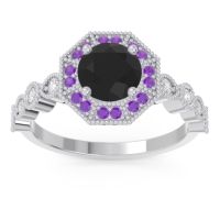 Black Onyx Engagement Ring In Palladium With Amethyst And Diamond - Devalaya Round Antique Ring