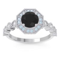 Black Onyx Engagement Ring In Palladium With Aquamarine And Diamond - Devalaya Round Antique Ring